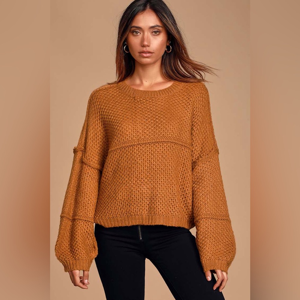Lulus Stay Snuggly Camel Textured‎ Knit Balloon Sleeve Jumper Sweater, Size S